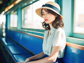 坐在车上戴着帽子的美女图片